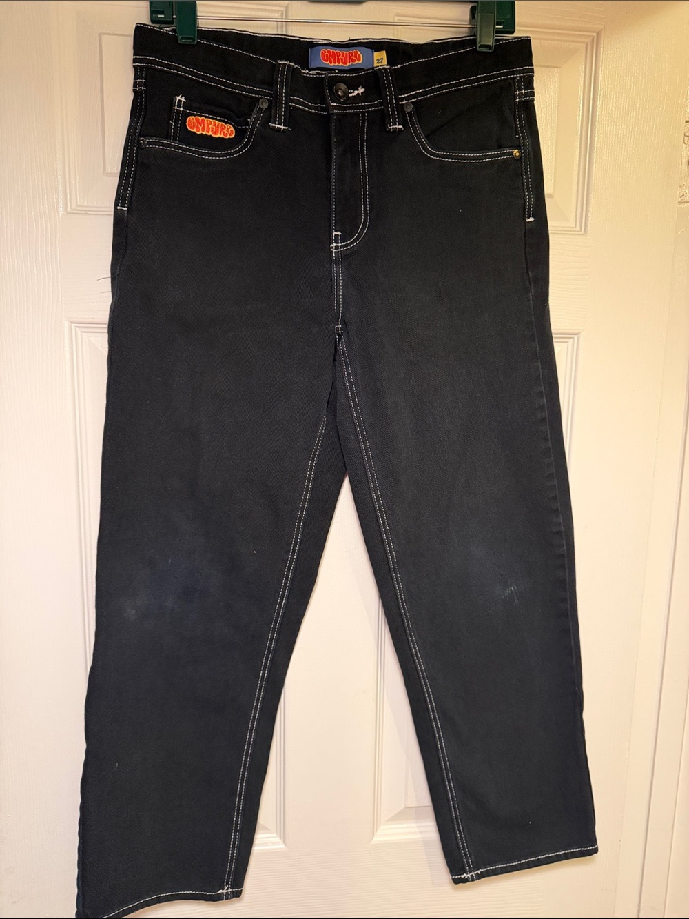 Kids’ Empyre Black Straight-Leg Jeans with White Topstitching & Orange Logo Patc
